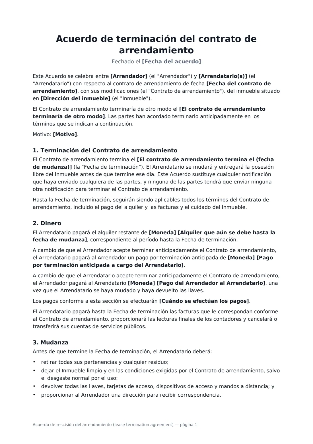 Acuerdo de rescisión del arrendamiento (lease termination agreement): página 1 de 3