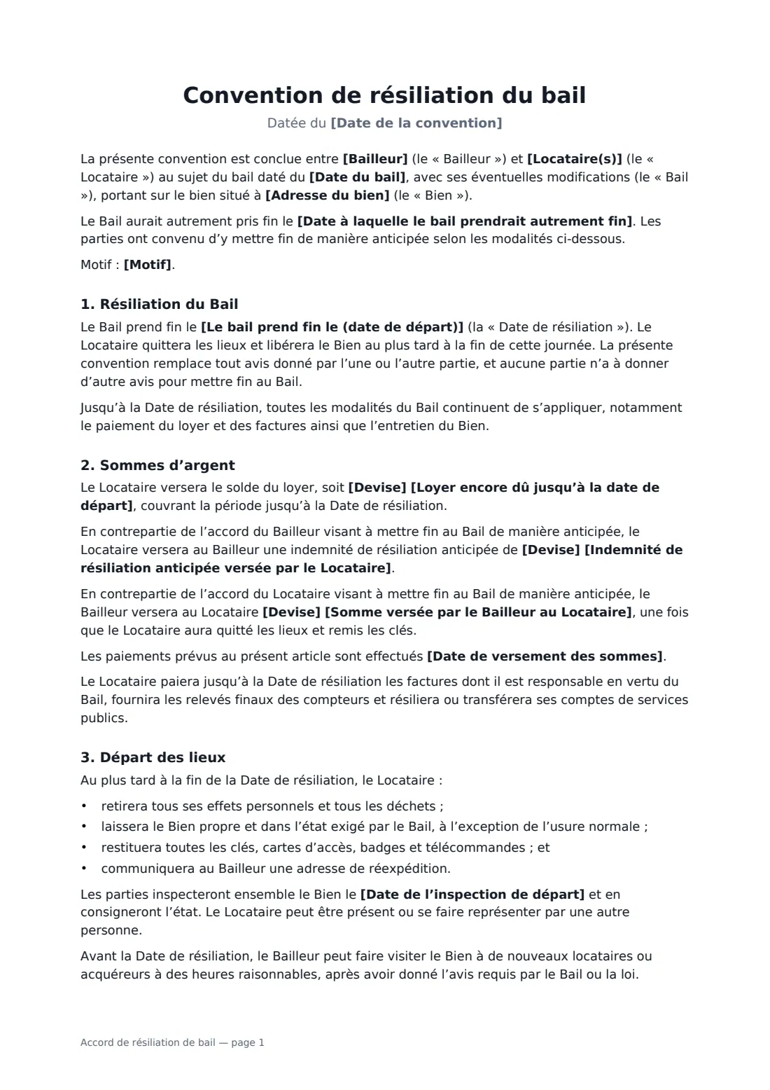 Accord de résiliation de bail — page 1 sur 3
