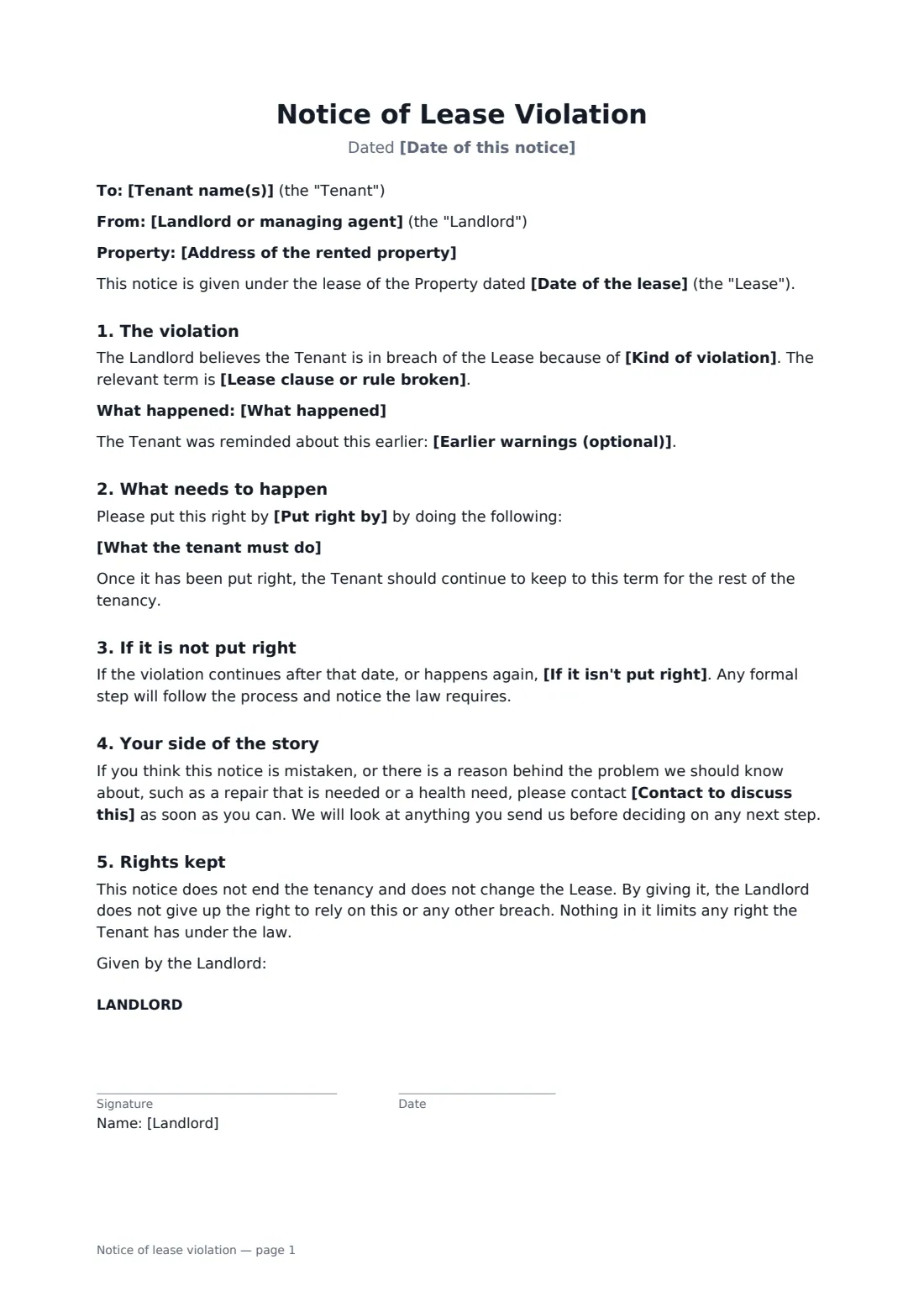 Notice of lease violation — page 1 of 2