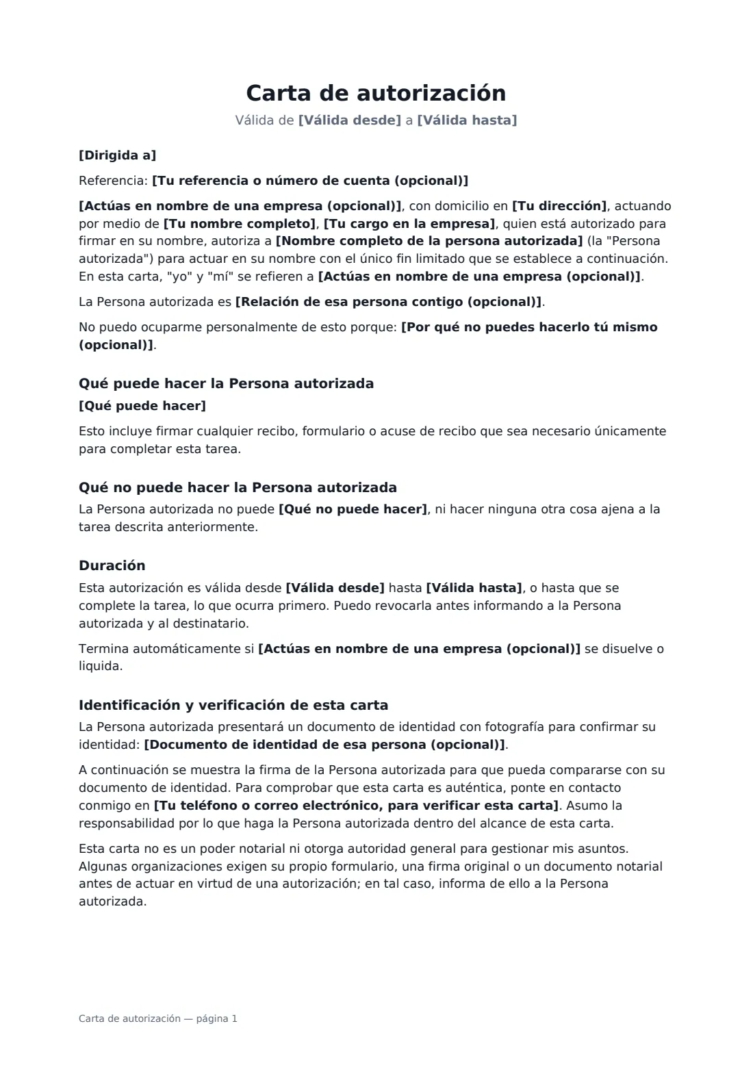 Carta de autorización: página 1 de 2