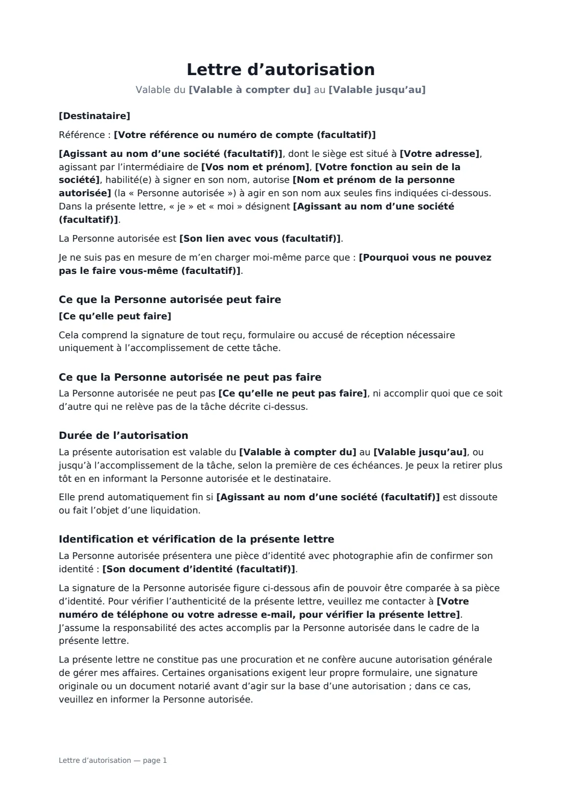 Lettre d’autorisation — page 1 sur 2