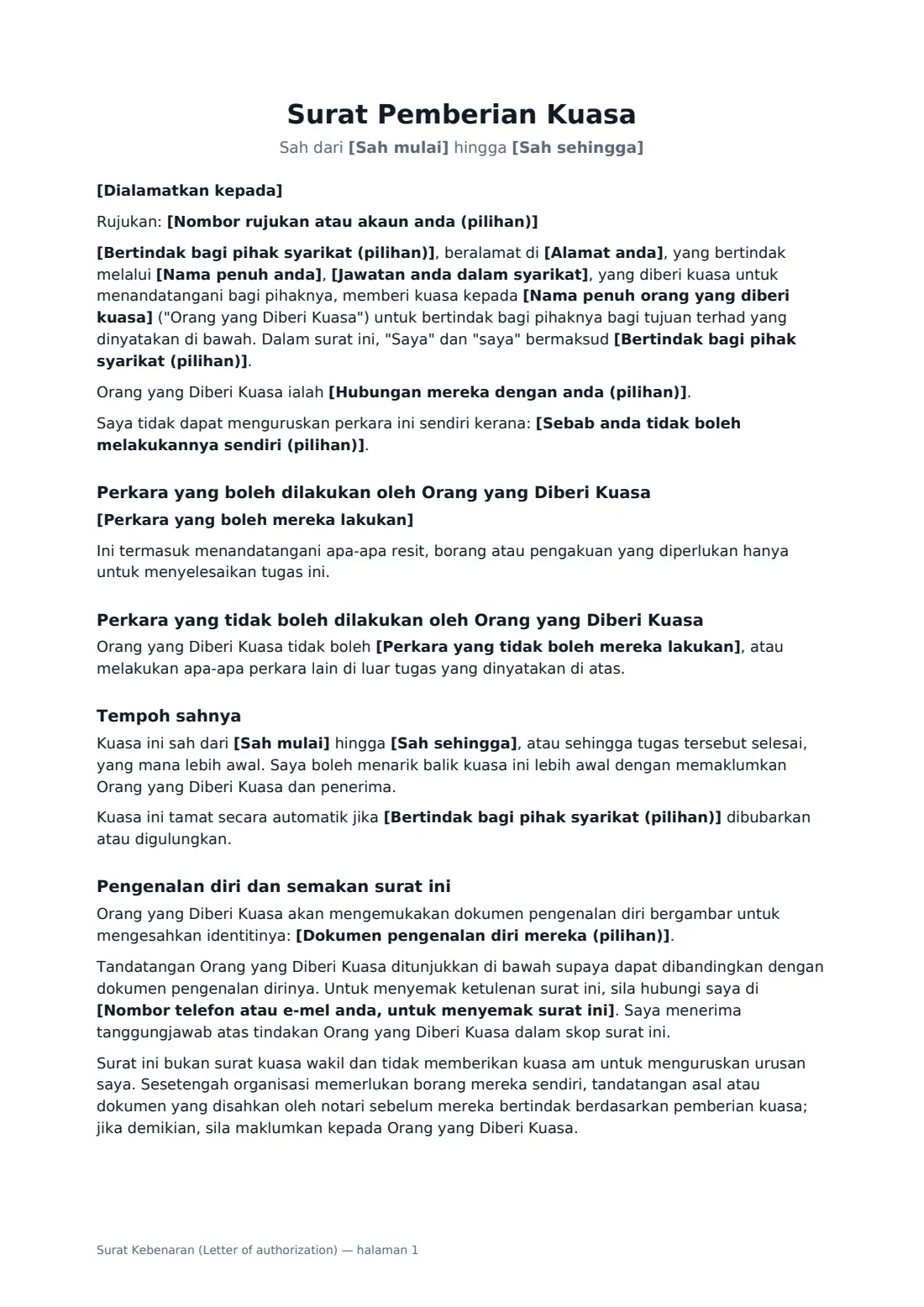 Surat Kebenaran (Letter of authorization) — halaman 1 daripada 2