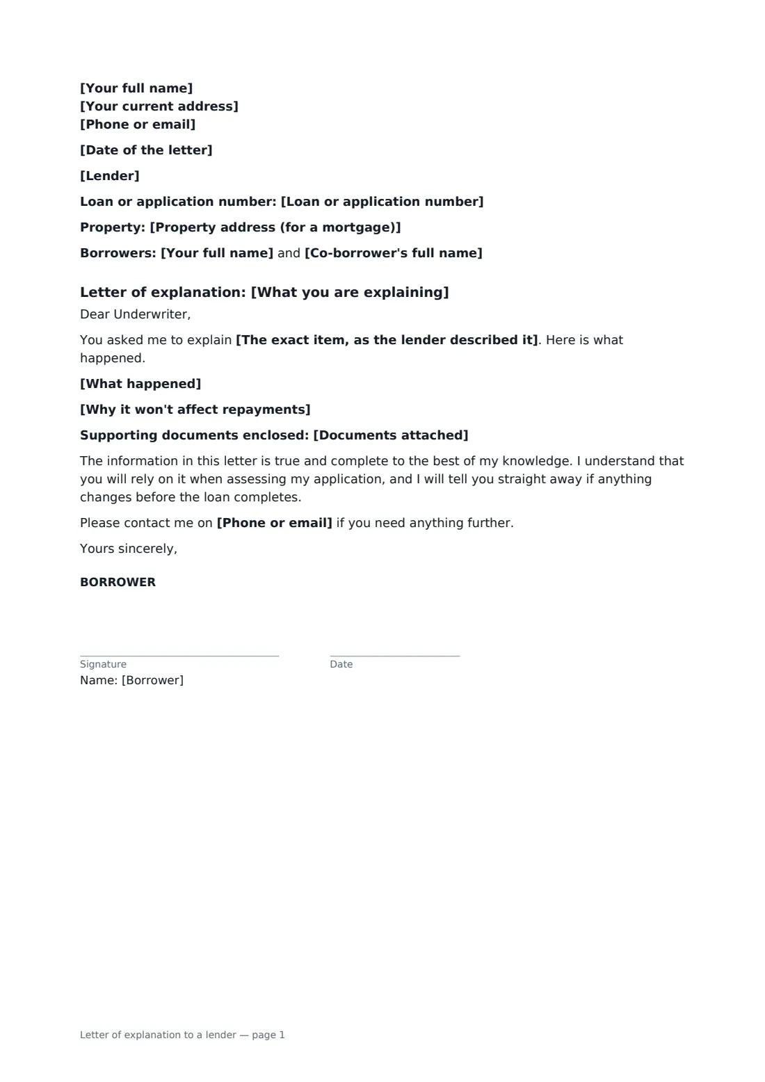 Letter of explanation to a lender — page 1 of 1