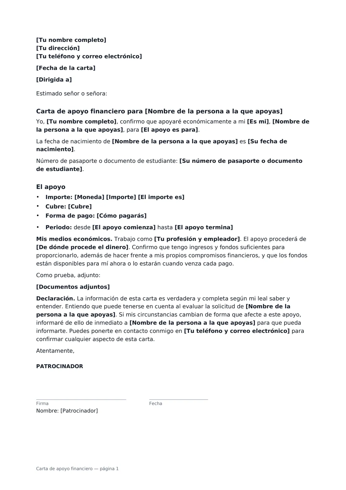 Carta de apoyo financiero: página 1 de 1