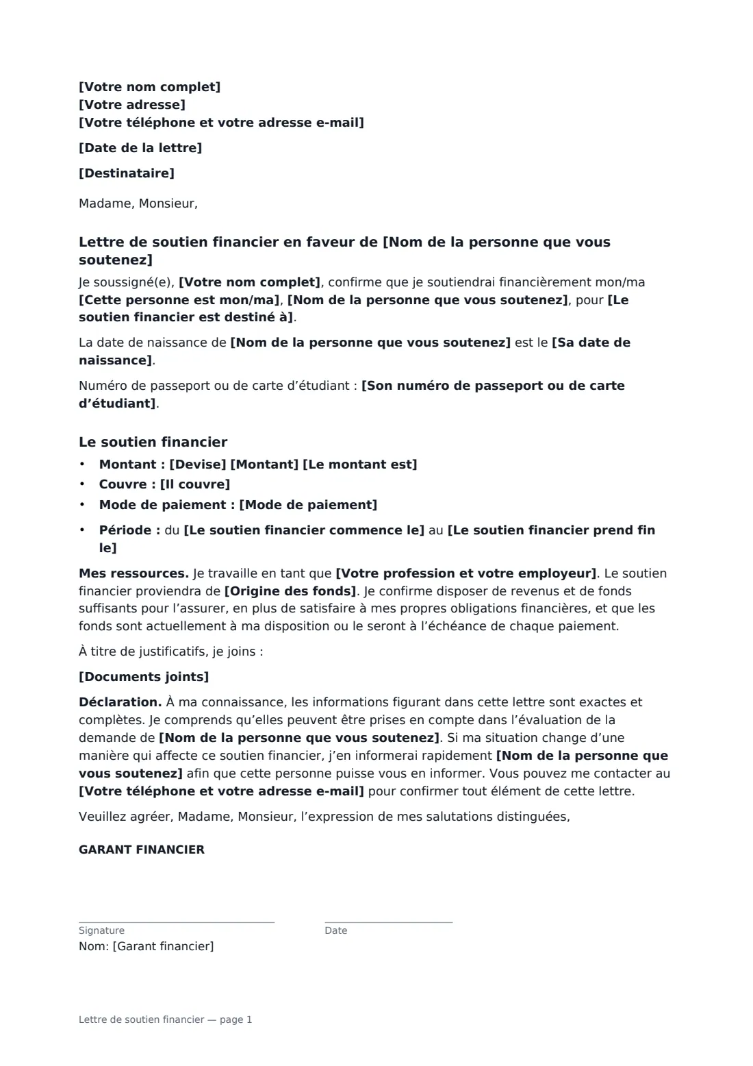 Lettre de soutien financier — page 1 sur 1