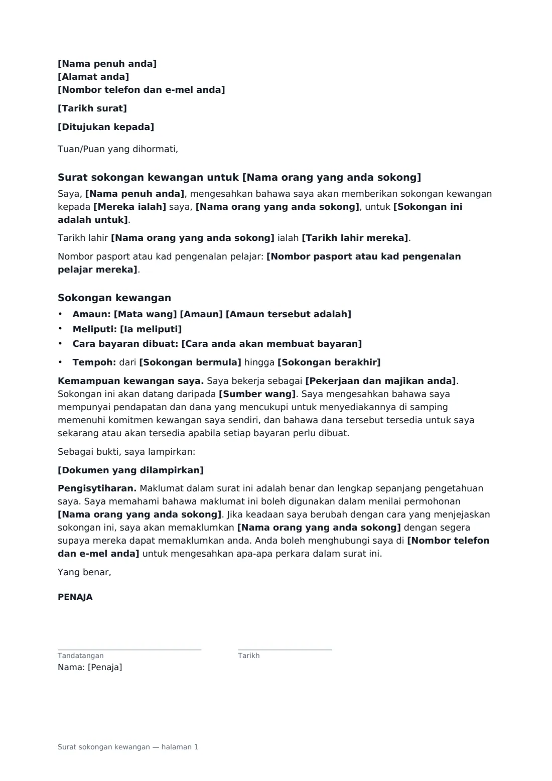 Surat sokongan kewangan — halaman 1 daripada 1