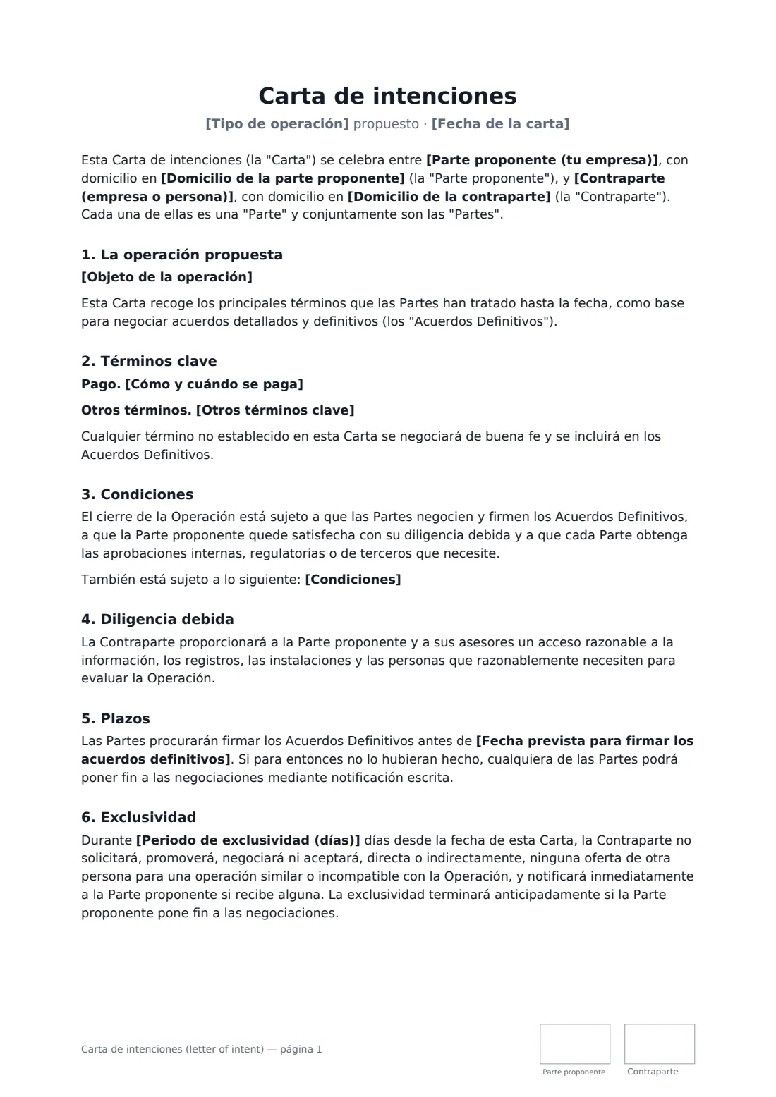 Carta de intenciones (letter of intent): página 1 de 2