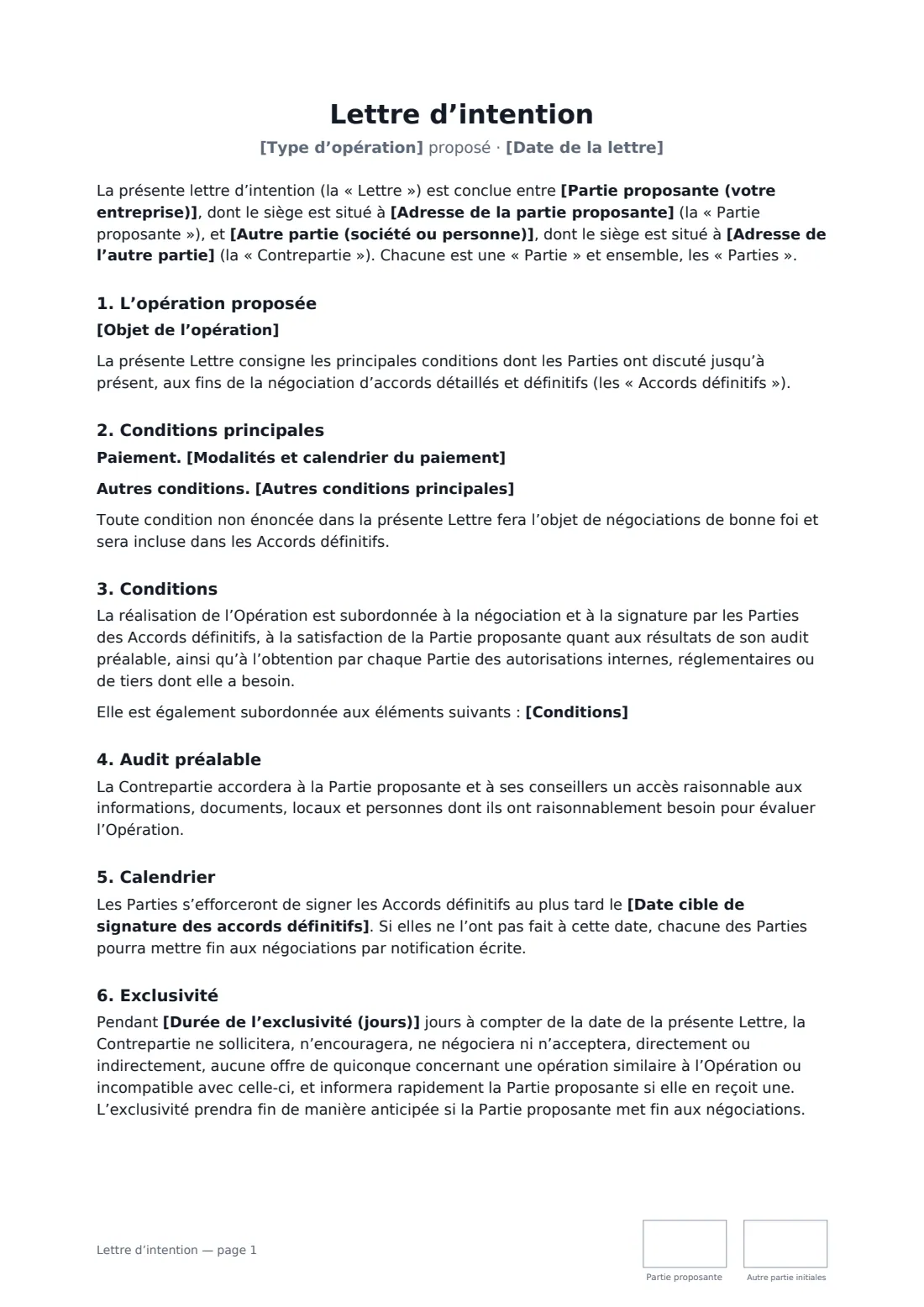 Lettre d’intention — page 1 sur 2