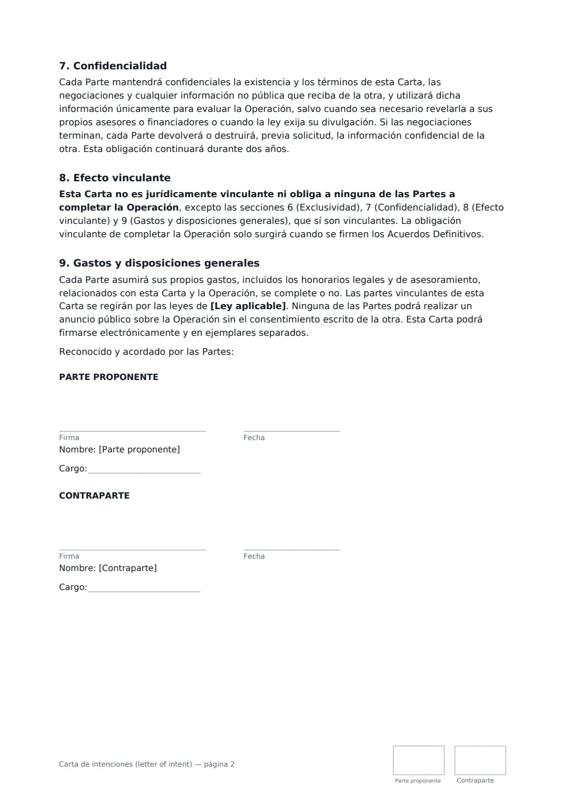 Carta de intenciones (letter of intent): página 2 de 2