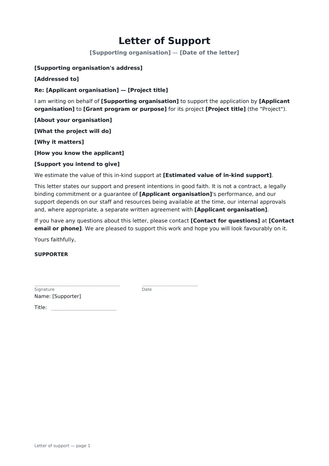 Letter of support — page 1 of 1