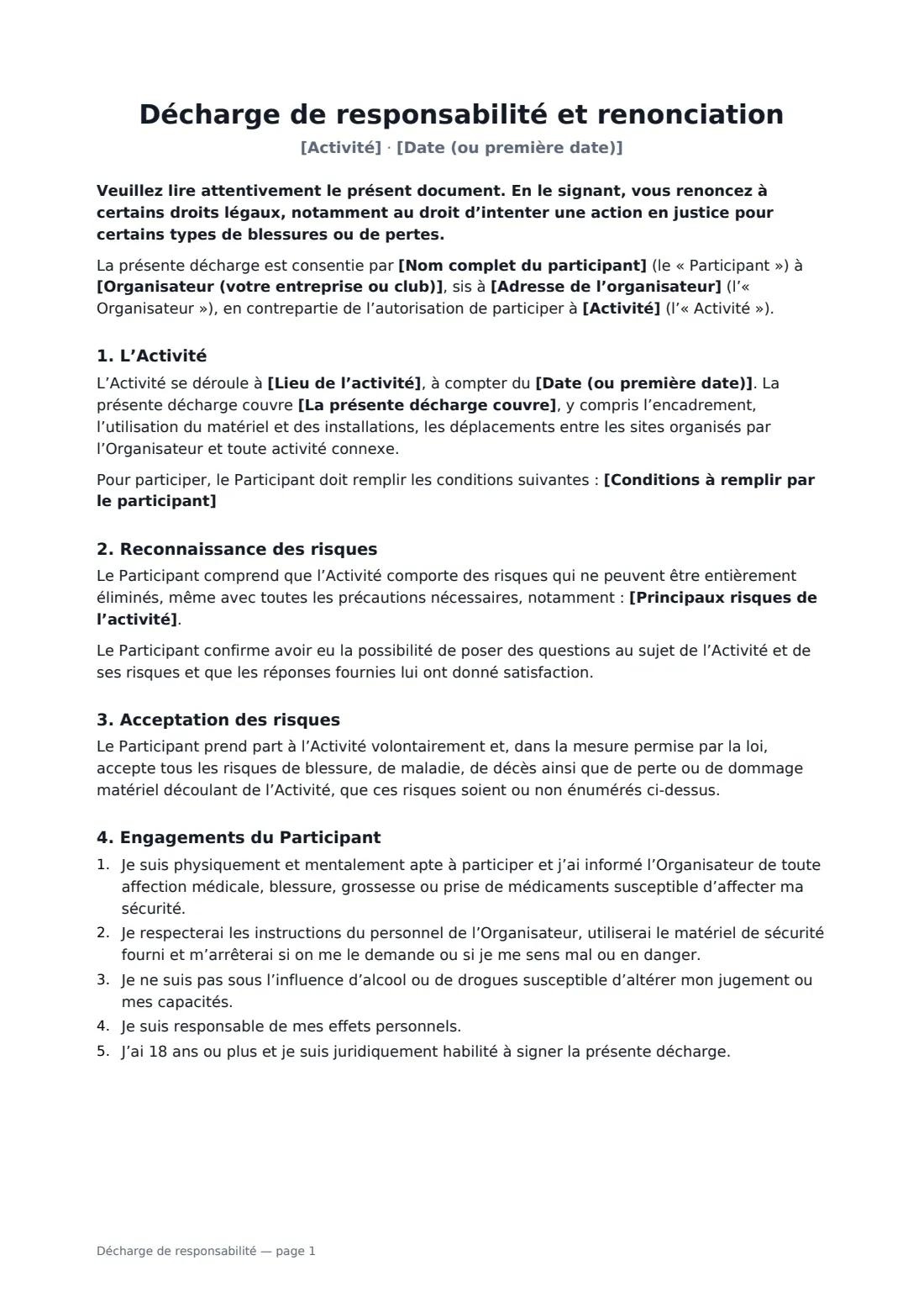 Décharge de responsabilité — page 1 sur 2