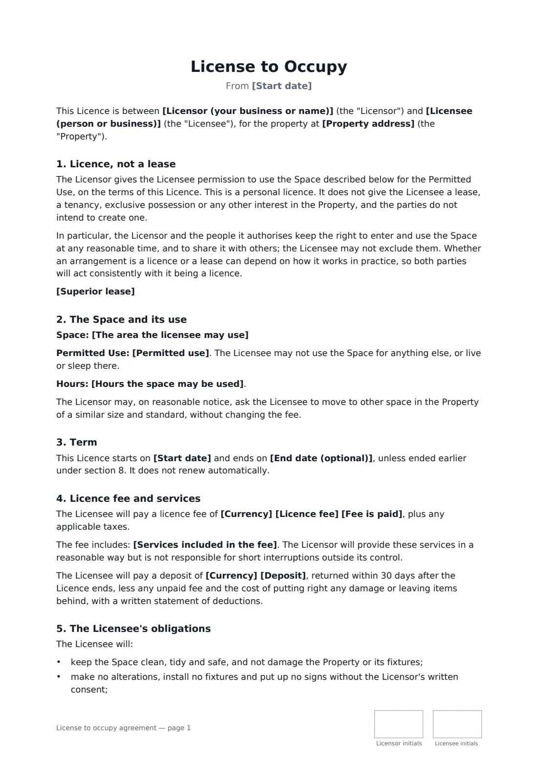 License to occupy agreement — page 1 of 3