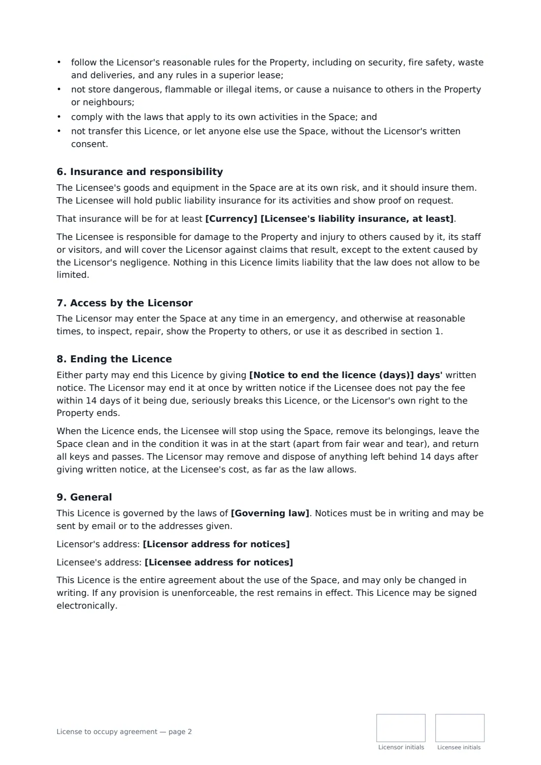 License to occupy agreement — page 2 of 3