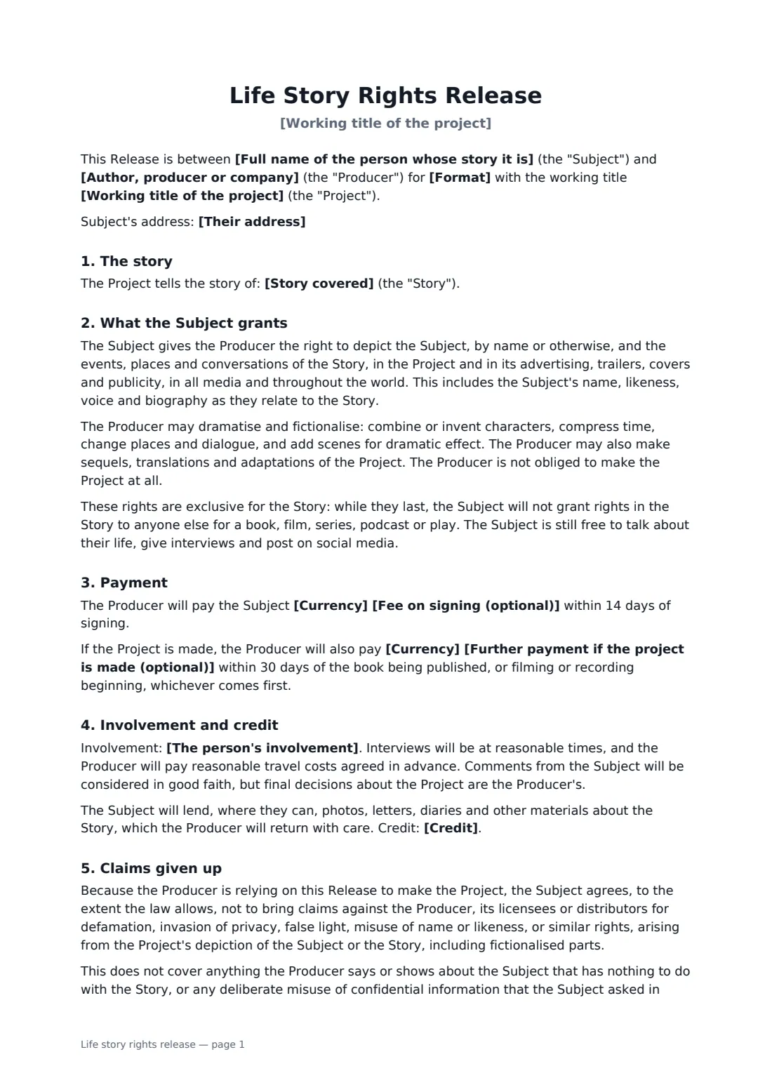 Life story rights release — page 1 of 2