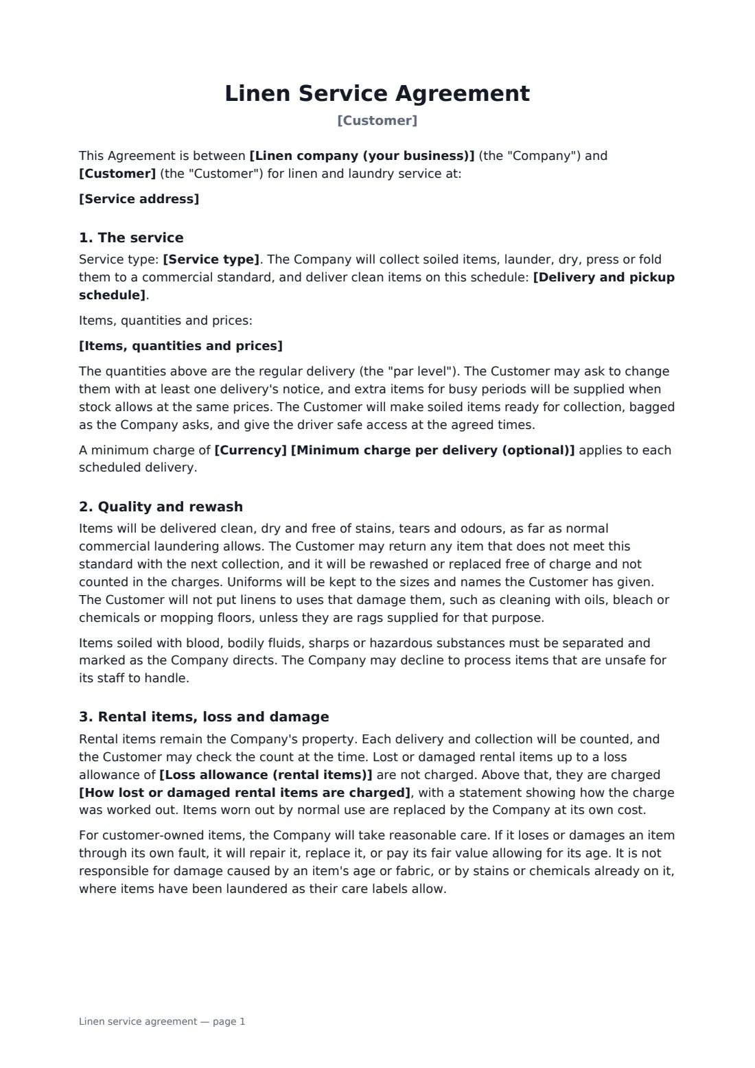 Linen service agreement — page 1 of 2