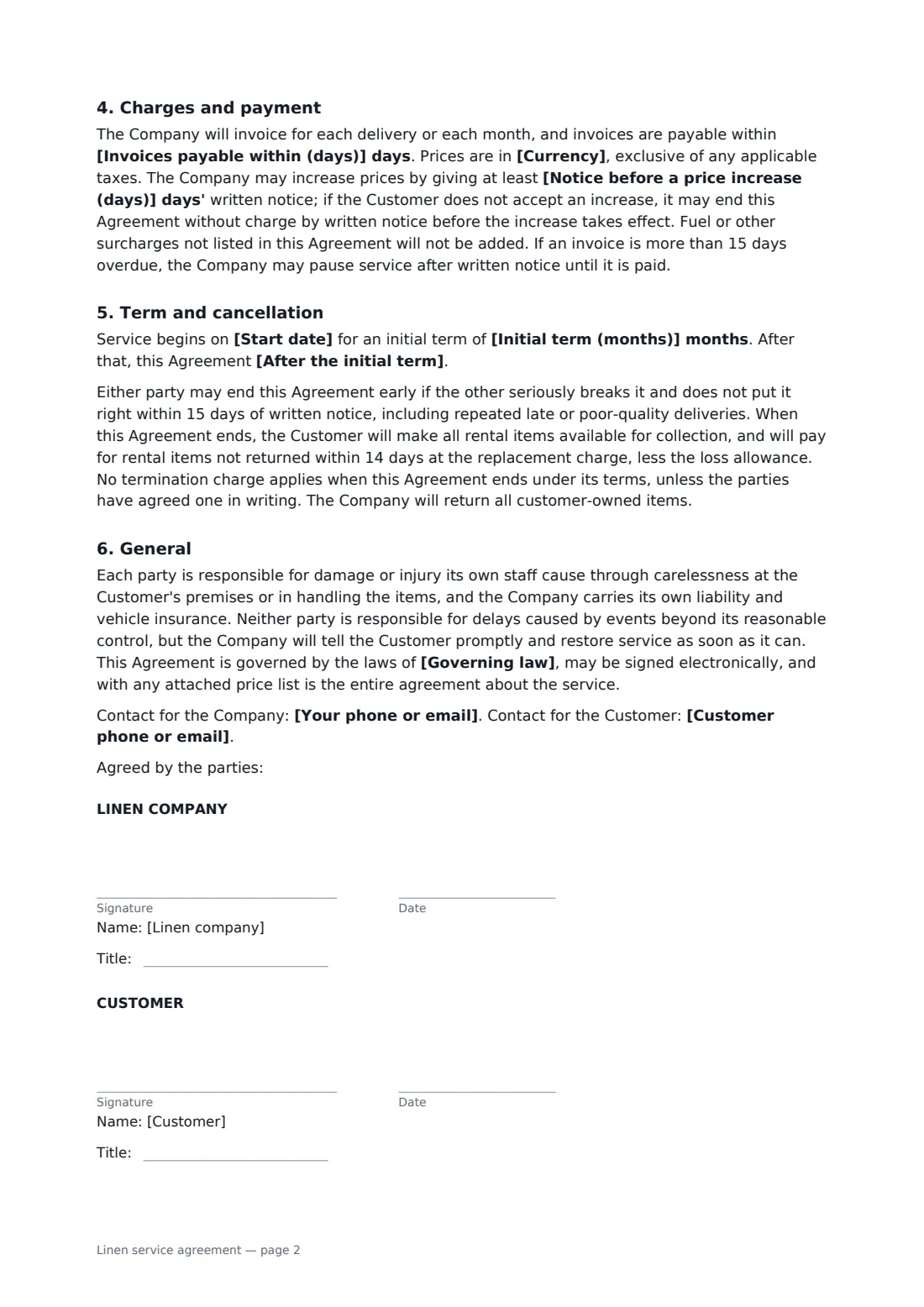 Linen service agreement — page 2 of 2