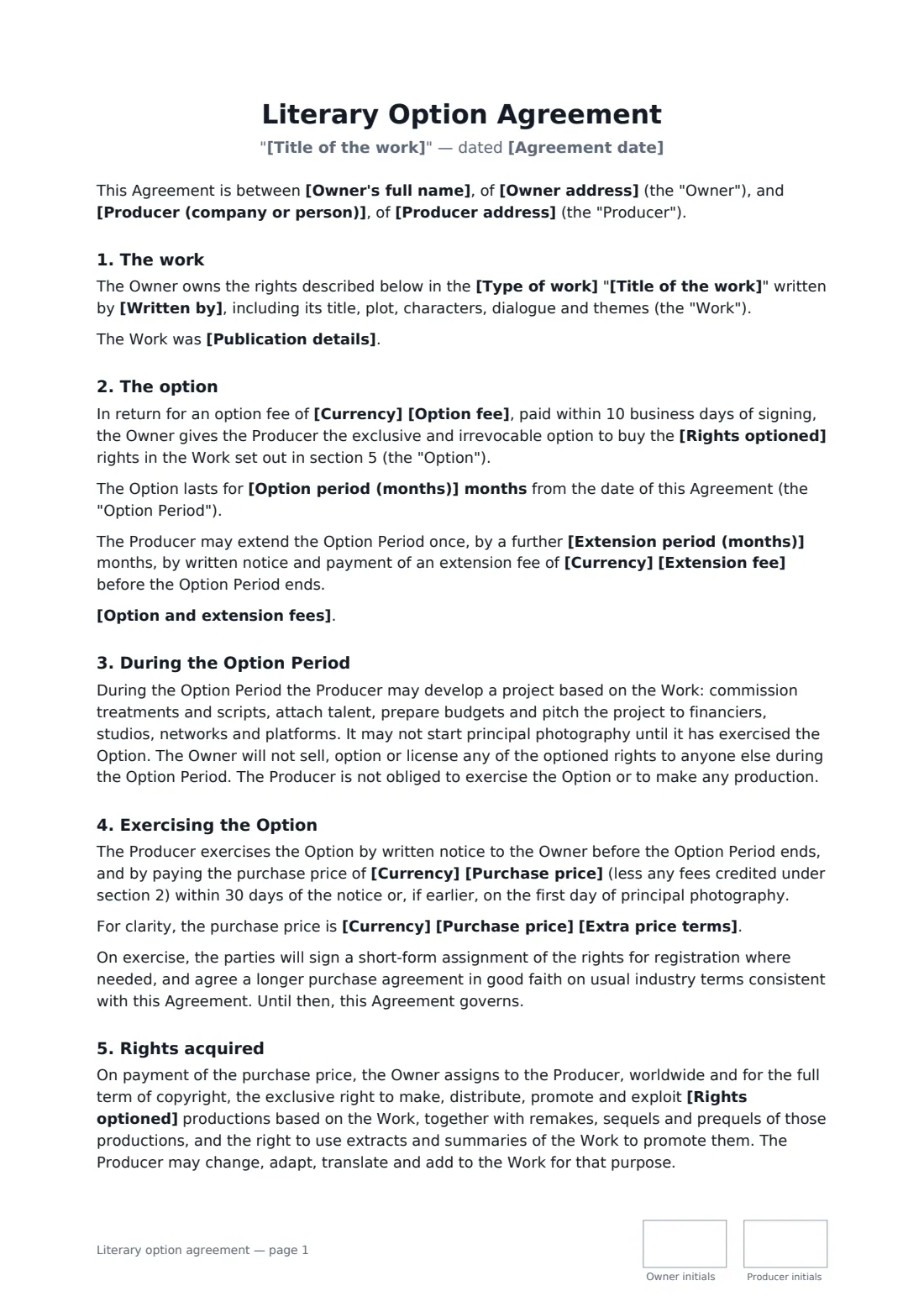 Literary option agreement — page 1 of 3