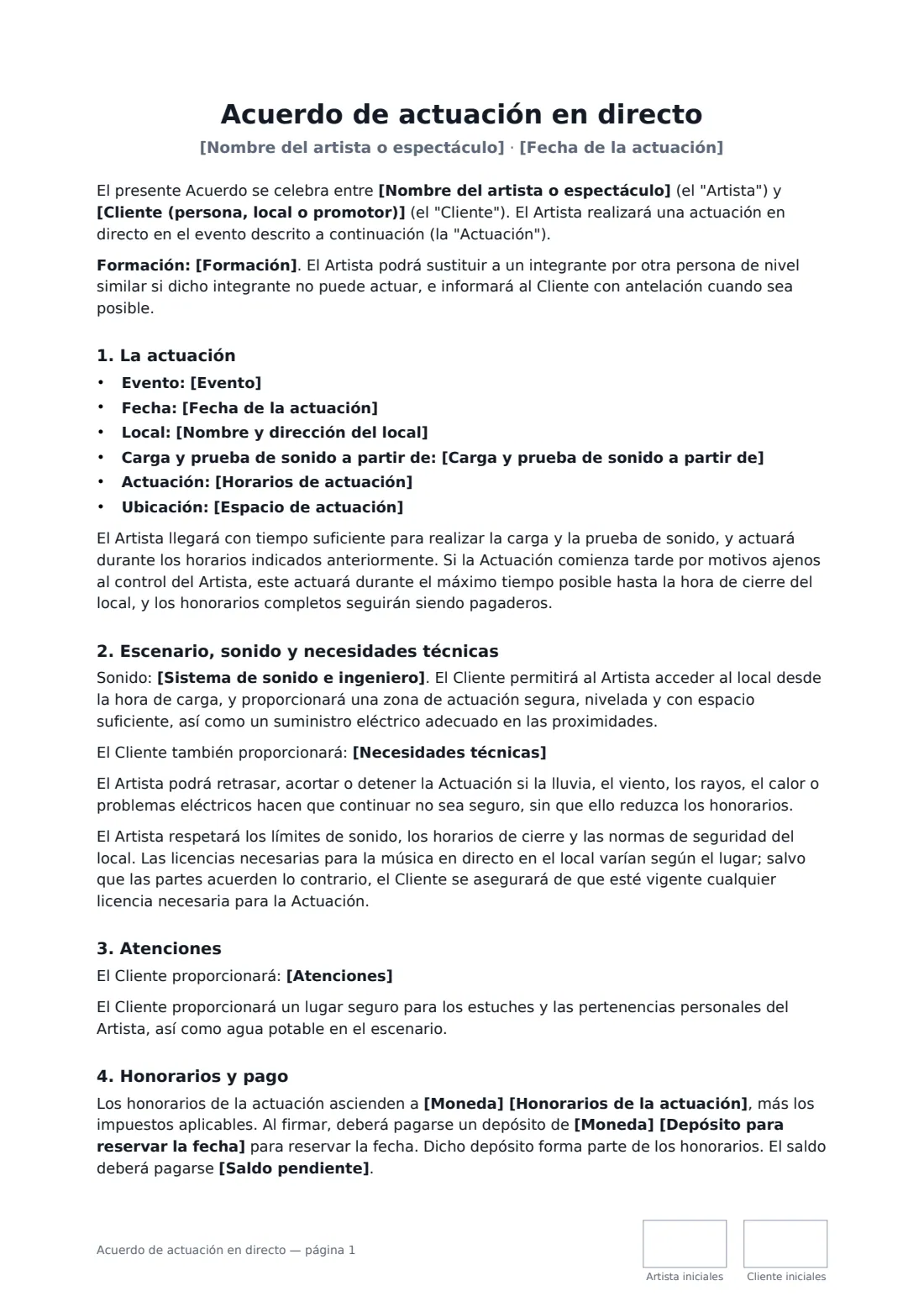 Acuerdo de actuación en directo: página 1 de 3