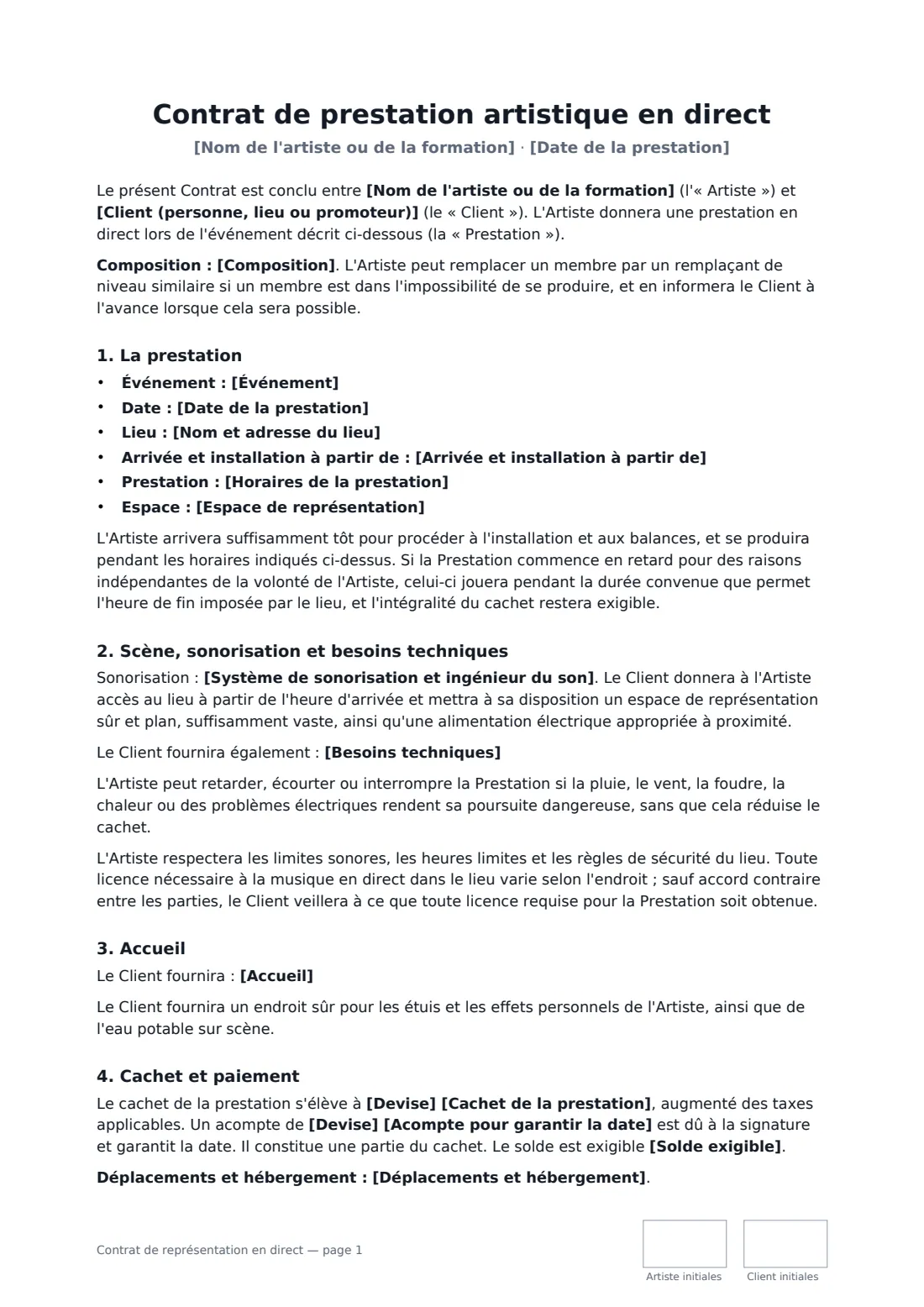 Contrat de représentation en direct — page 1 sur 3