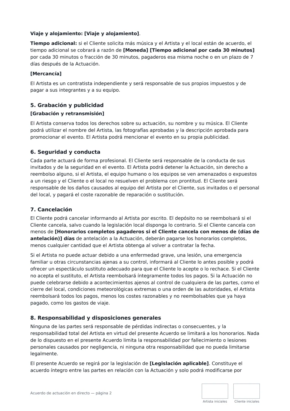 Acuerdo de actuación en directo: página 2 de 3