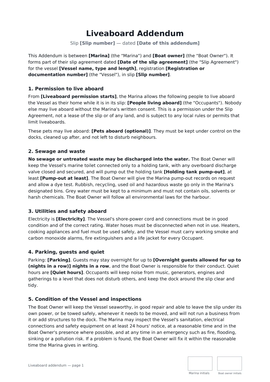 Liveaboard addendum — page 1 of 2