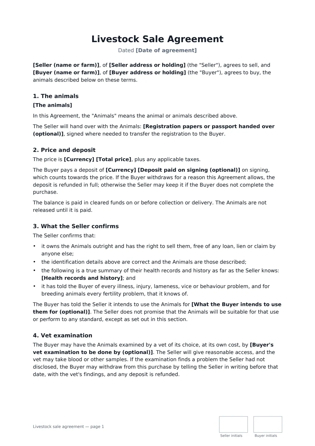Livestock sale agreement — page 1 of 2