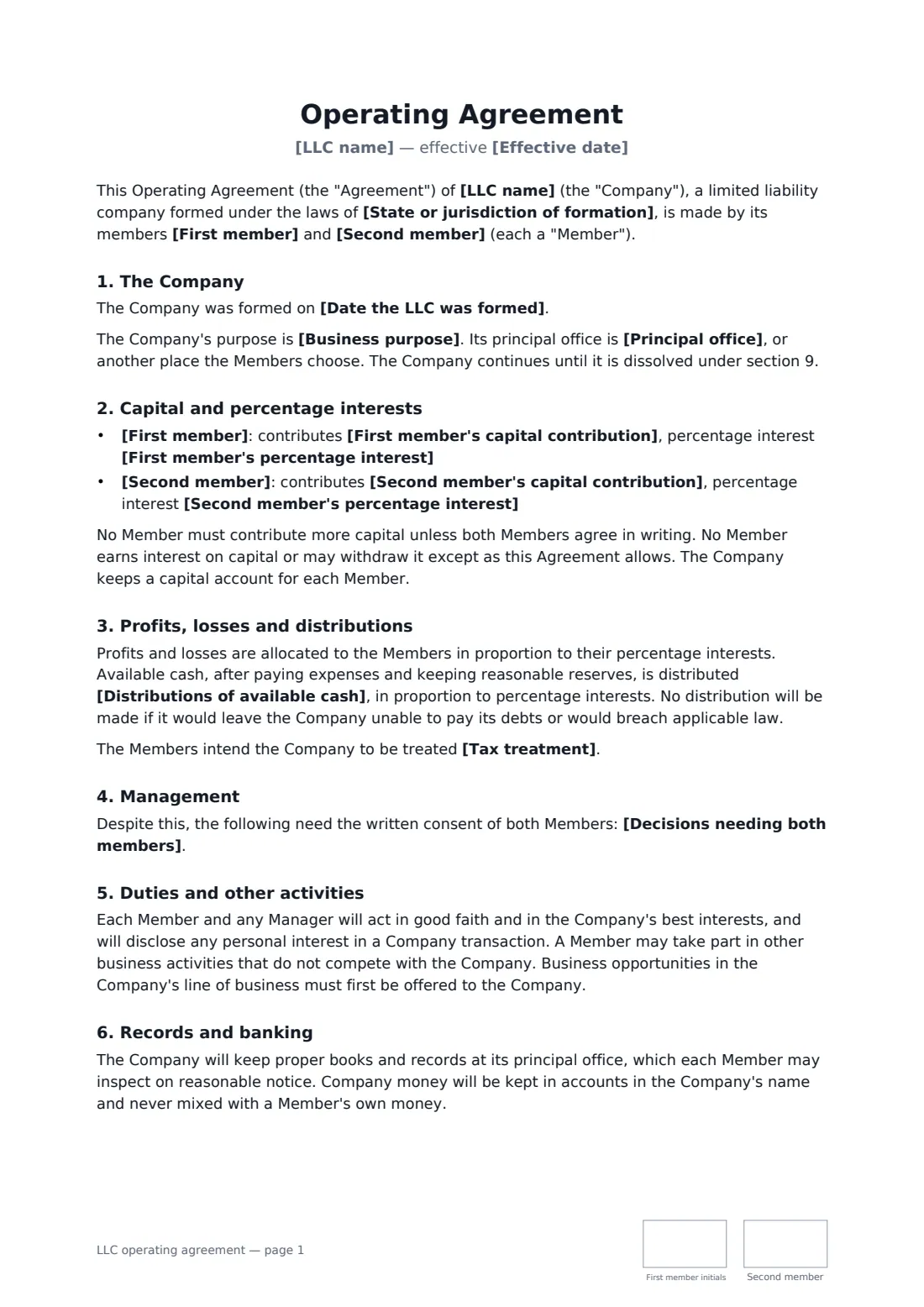 LLC operating agreement — page 1 of 2