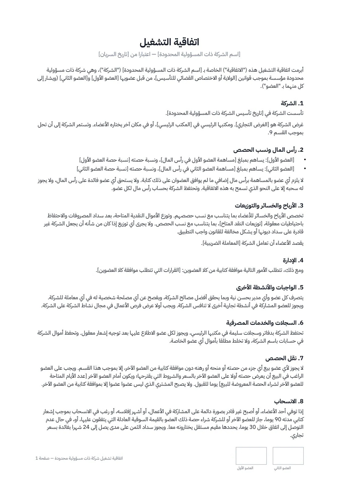 اتفاقية تشغيل شركة ذات مسؤولية محدودة — الصفحة 1 من 2