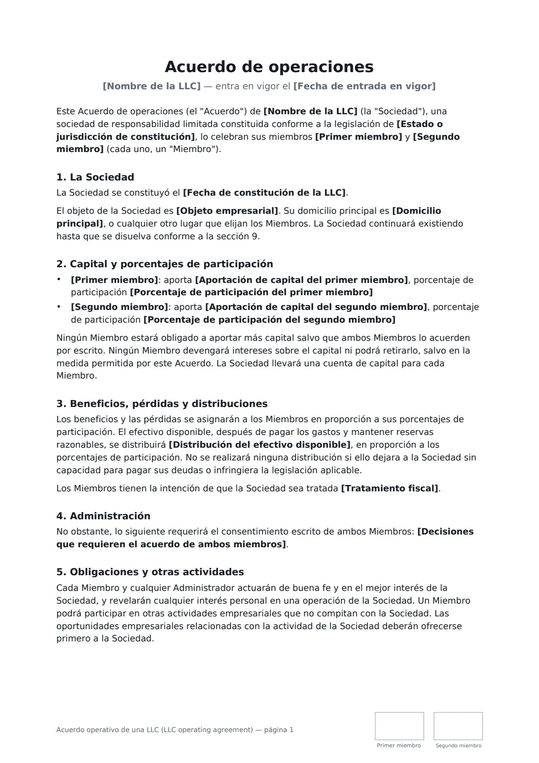 Acuerdo operativo de una LLC (LLC operating agreement): página 1 de 3