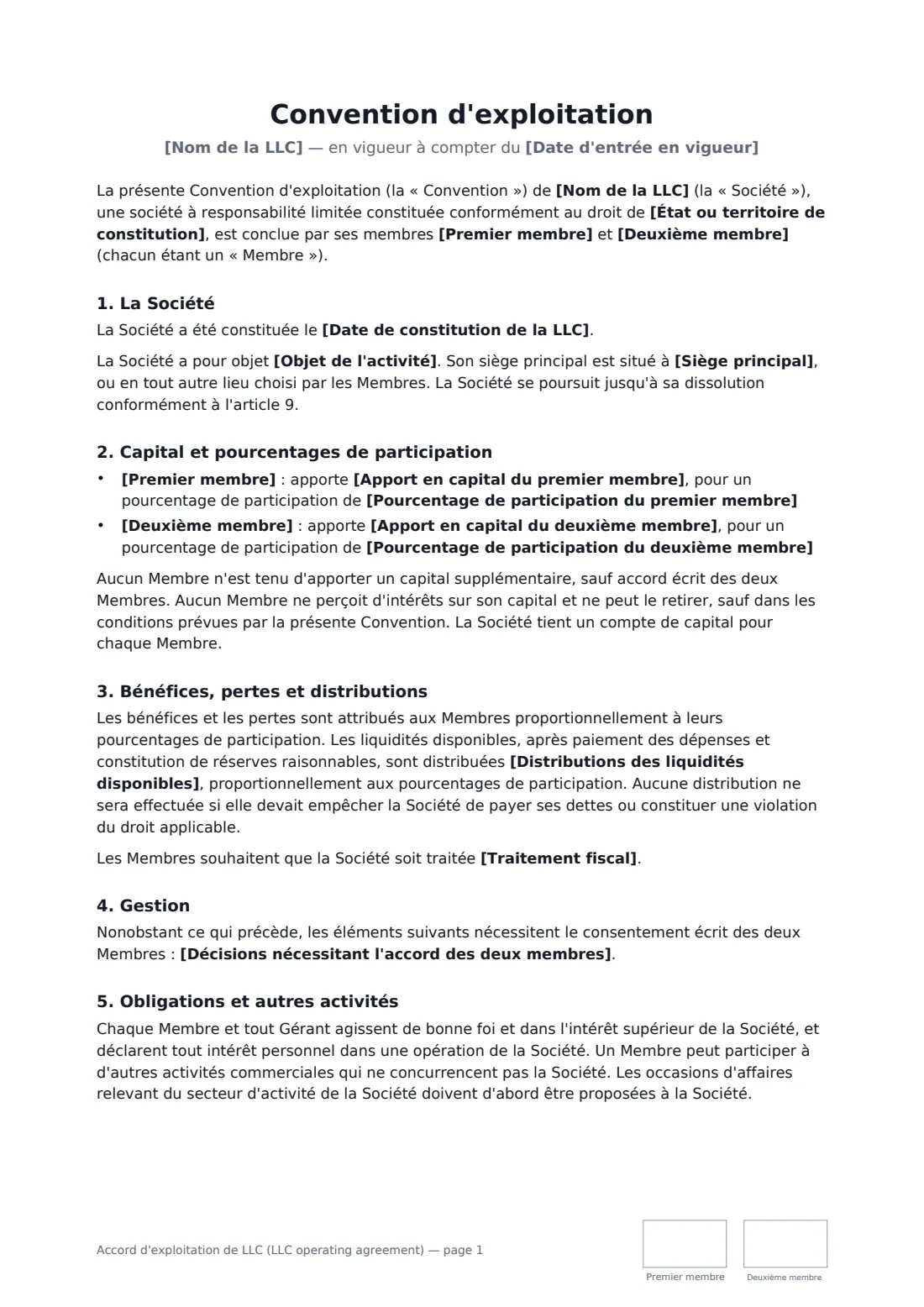 Accord d'exploitation de LLC (LLC operating agreement) — page 1 sur 3