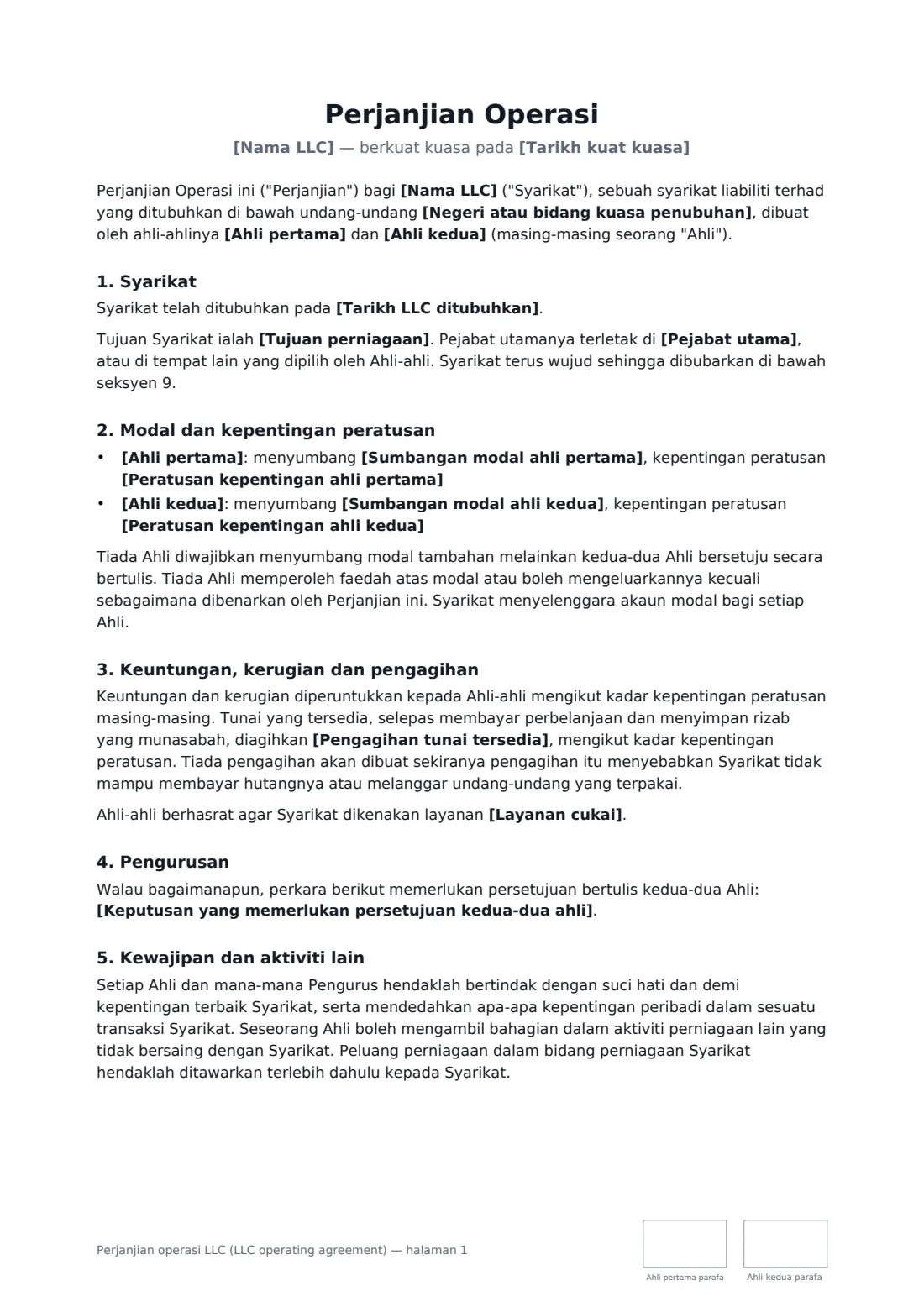 Perjanjian operasi LLC (LLC operating agreement) — halaman 1 daripada 3
