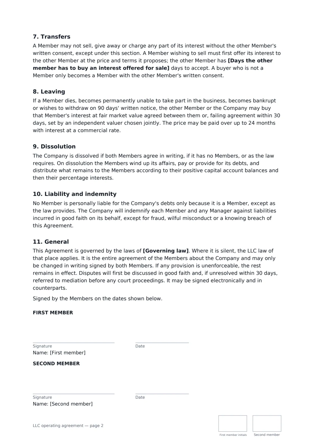 LLC operating agreement — page 2 of 2