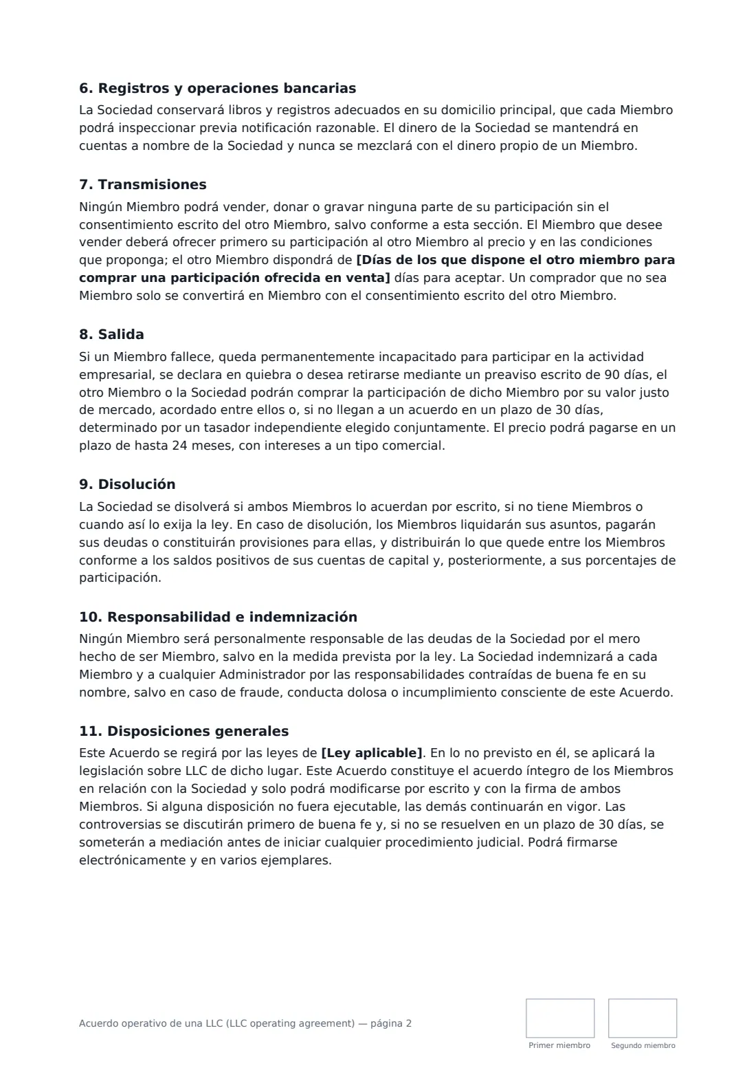 Acuerdo operativo de una LLC (LLC operating agreement): página 2 de 3