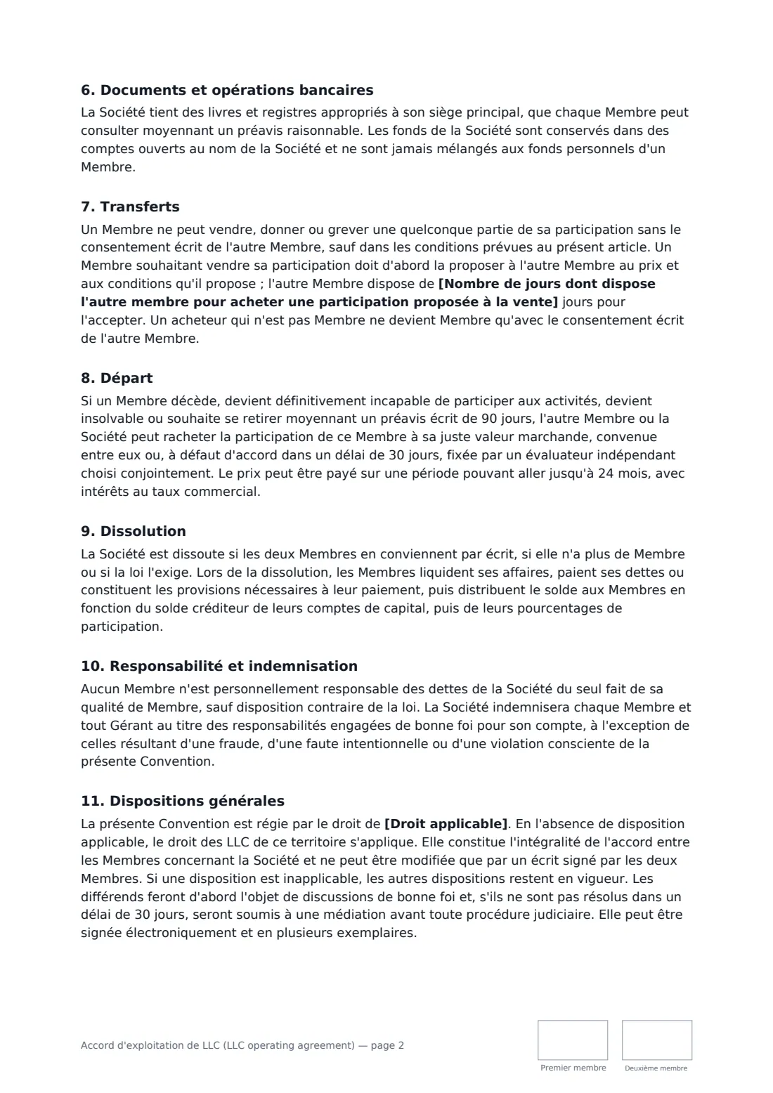 Accord d'exploitation de LLC (LLC operating agreement) — page 2 sur 3