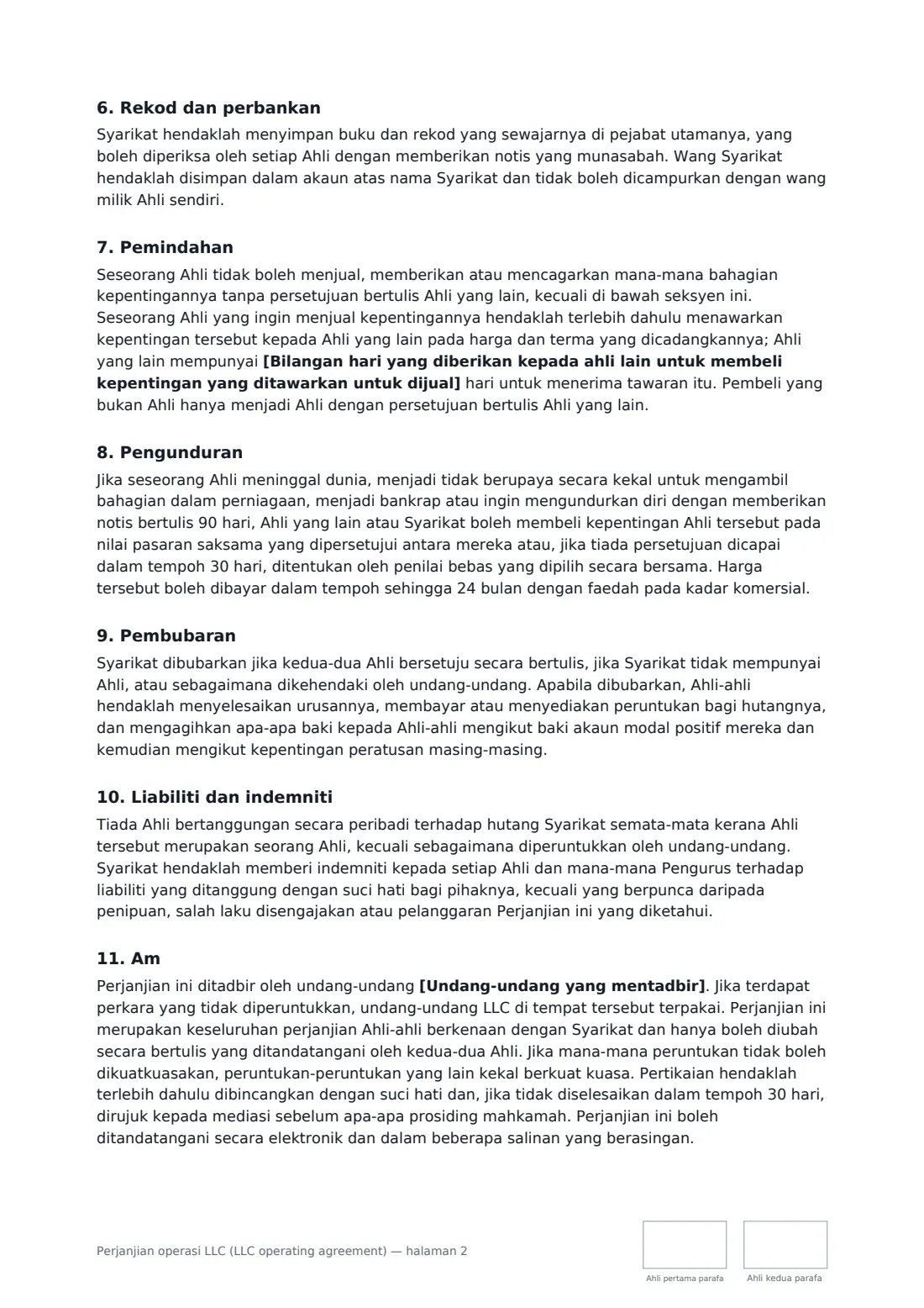 Perjanjian operasi LLC (LLC operating agreement) — halaman 2 daripada 3