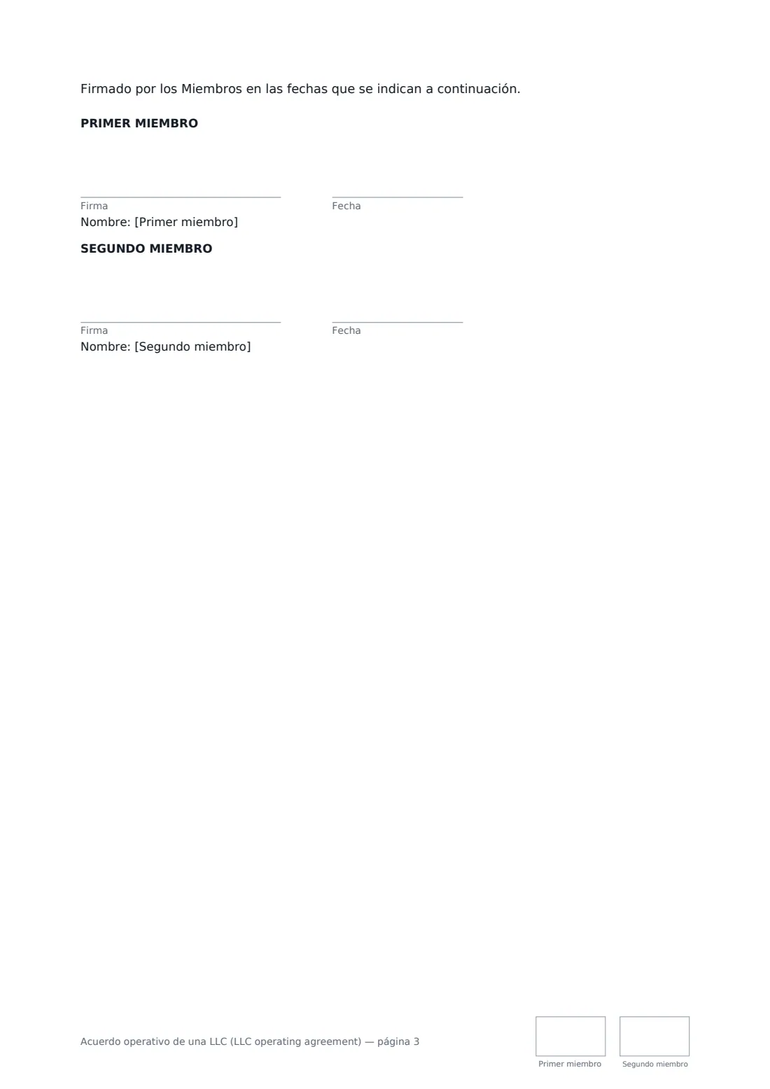 Acuerdo operativo de una LLC (LLC operating agreement): página 3 de 3
