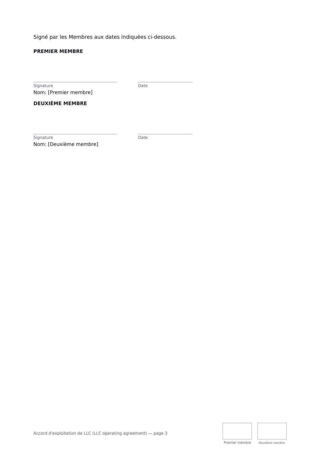 Accord d'exploitation de LLC (LLC operating agreement) — page 3 sur 3