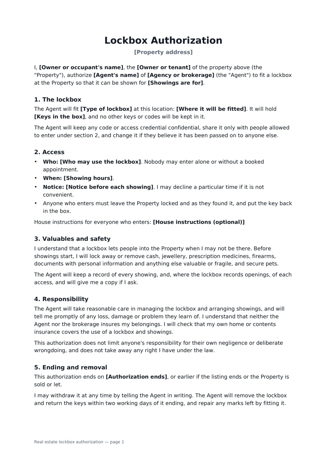 Real estate lockbox authorization — page 1 of 2