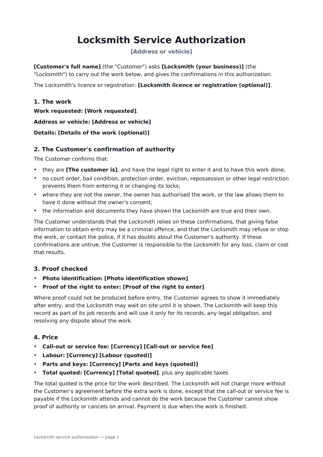 Locksmith service authorization — page 1 of 2