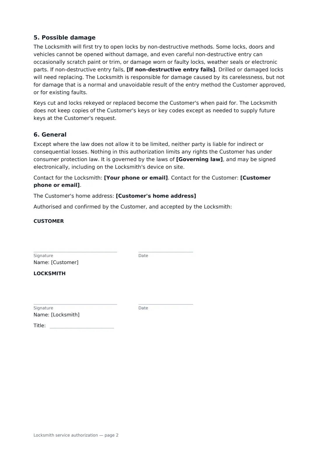 Locksmith service authorization — page 2 of 2