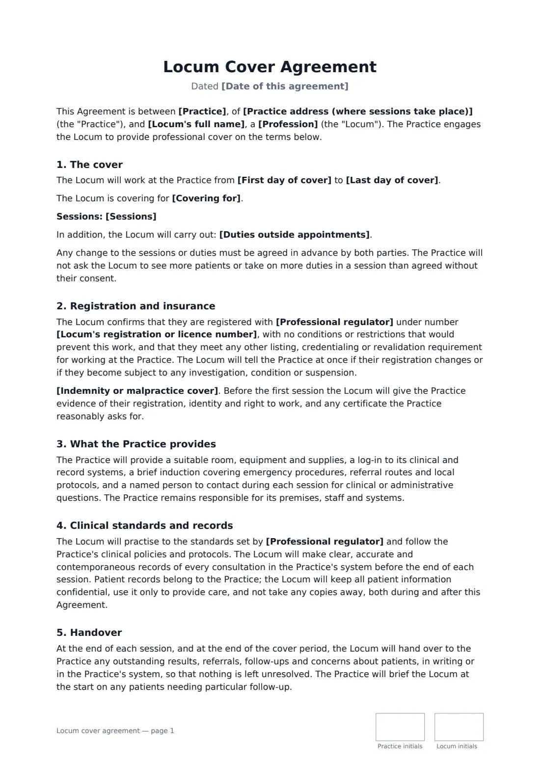 Locum cover agreement — page 1 of 2
