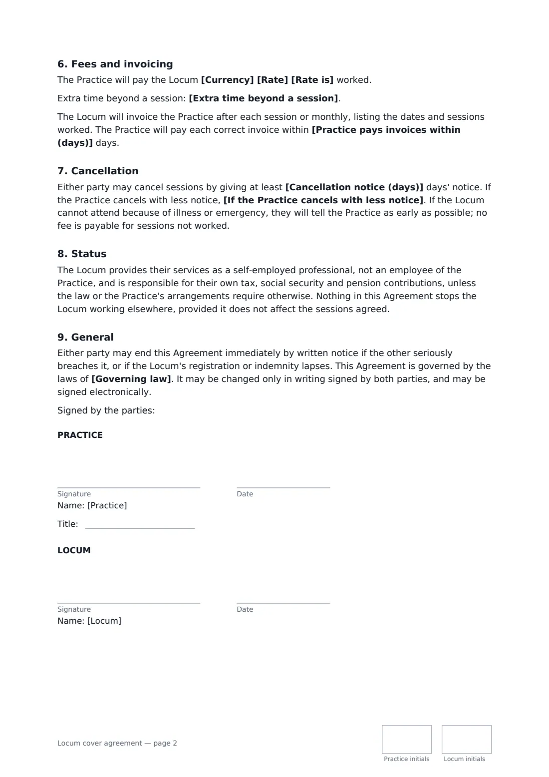 Locum cover agreement — page 2 of 2