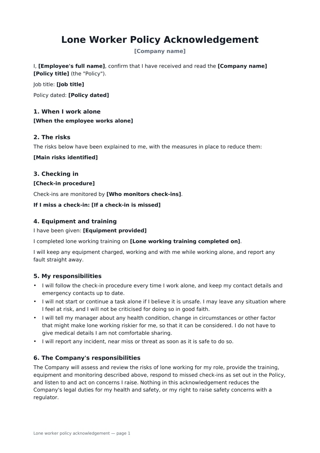 Lone worker policy acknowledgement — page 1 of 2