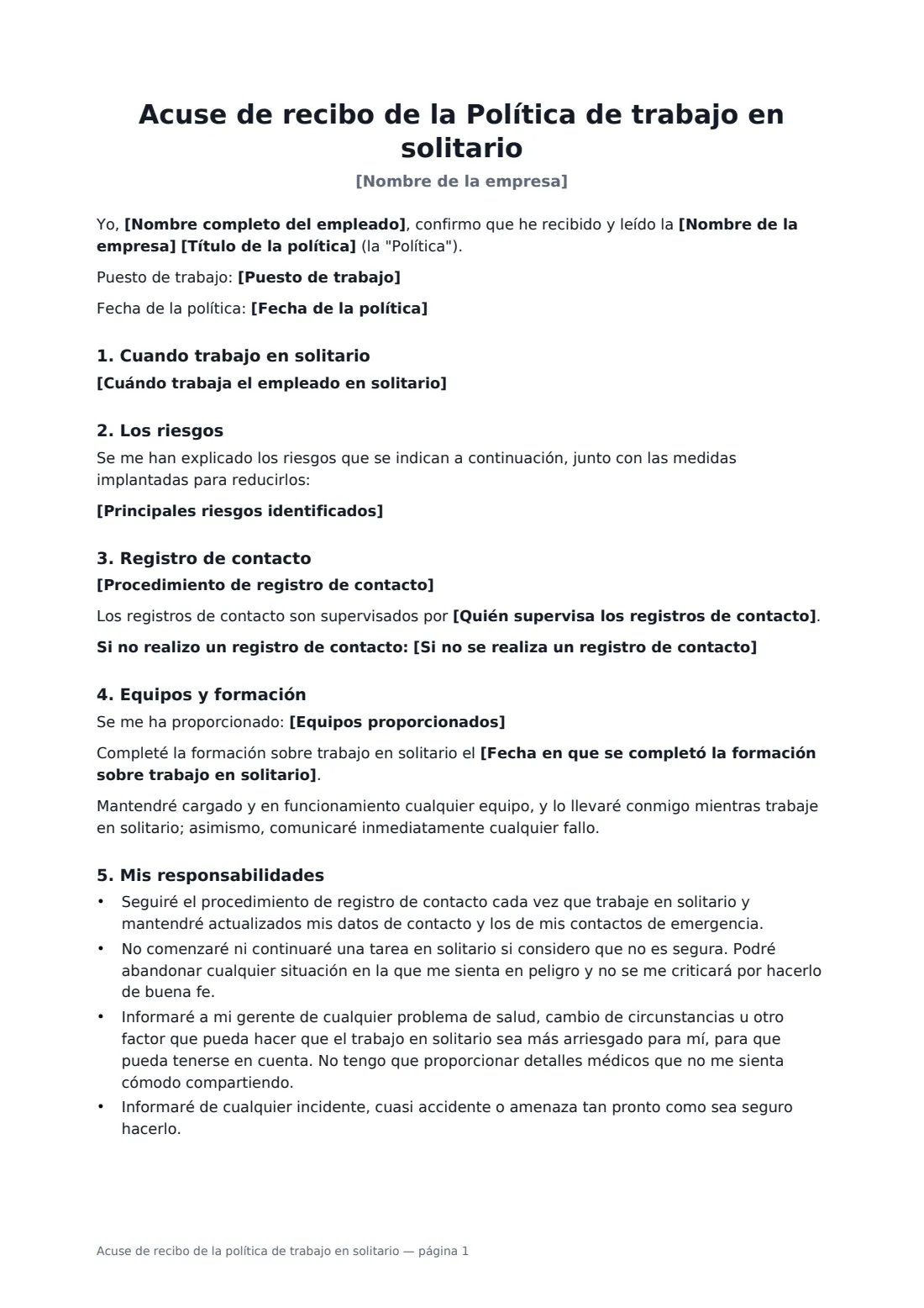 Acuse de recibo de la política de trabajo en solitario: página 1 de 2