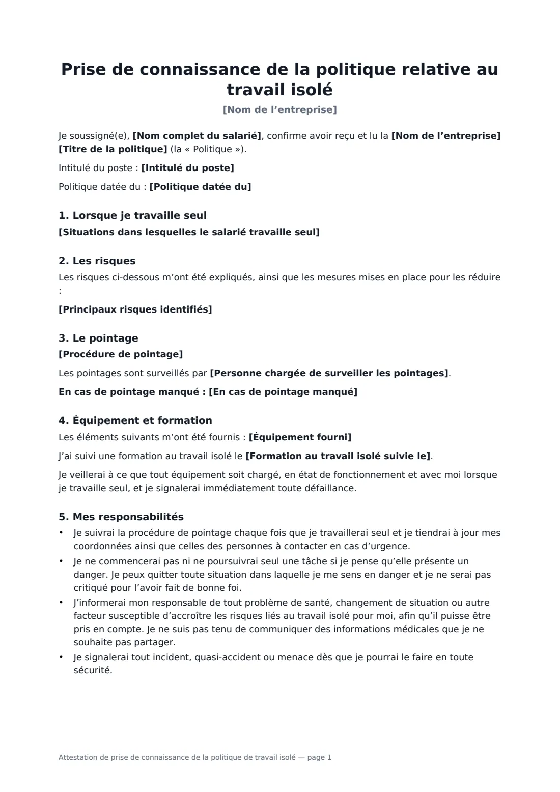 Attestation de prise de connaissance de la politique de travail isolé — page 1 sur 2