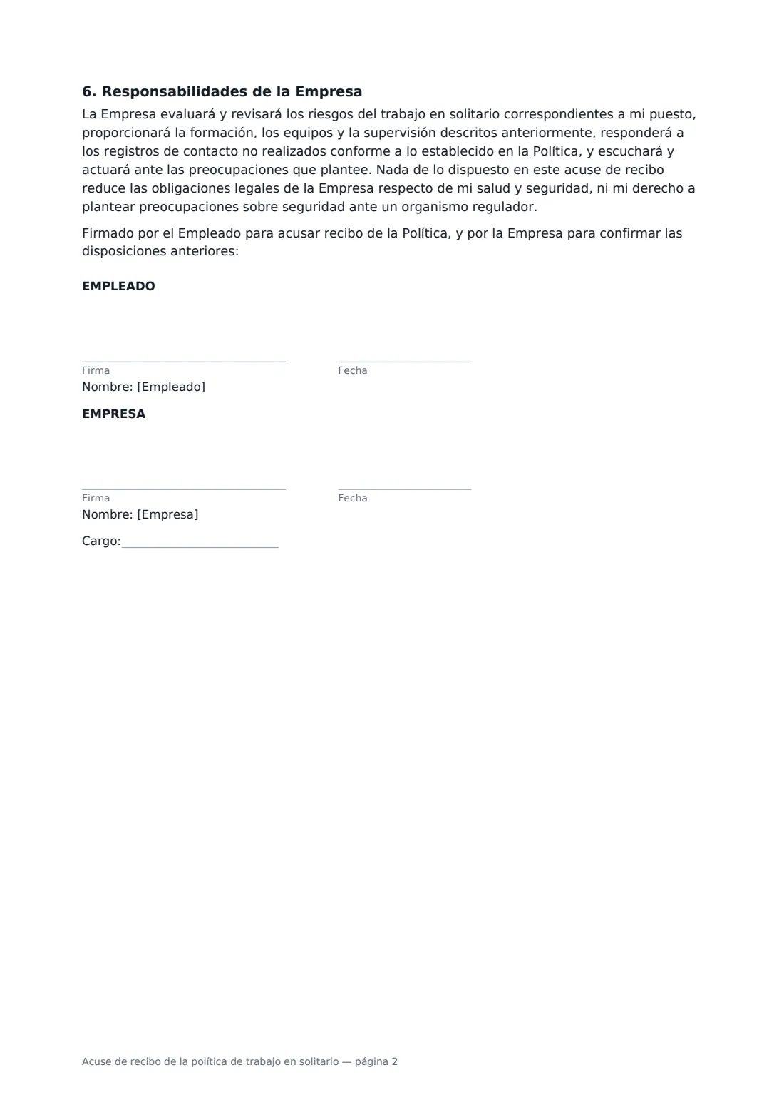 Acuse de recibo de la política de trabajo en solitario: página 2 de 2