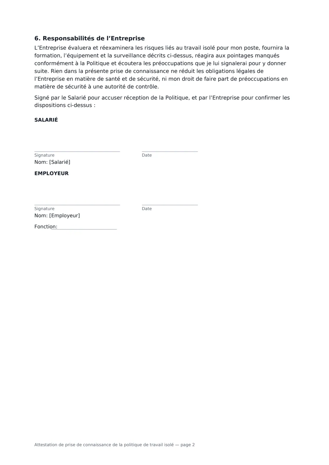 Attestation de prise de connaissance de la politique de travail isolé — page 2 sur 2