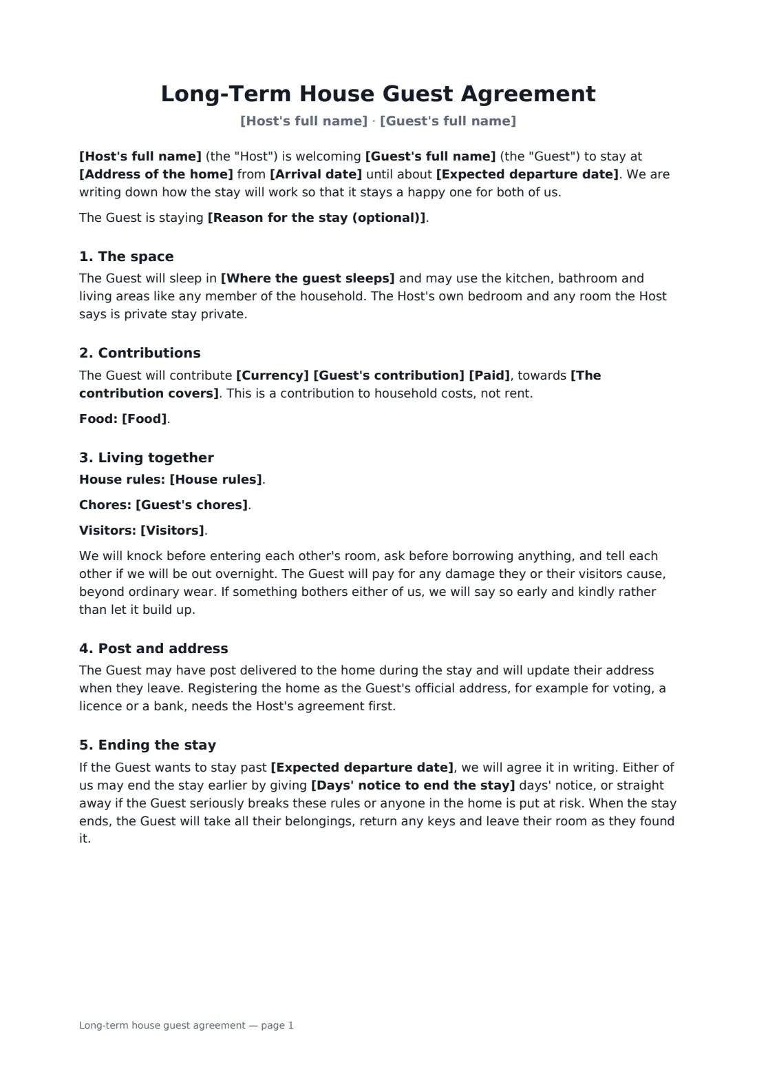 Long-term house guest agreement — page 1 of 2