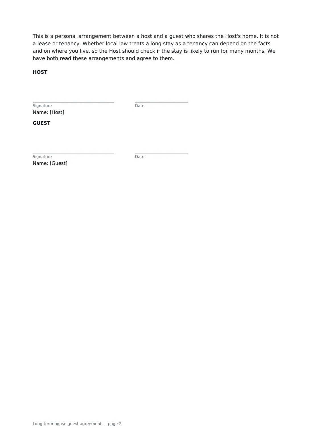 Long-term house guest agreement — page 2 of 2