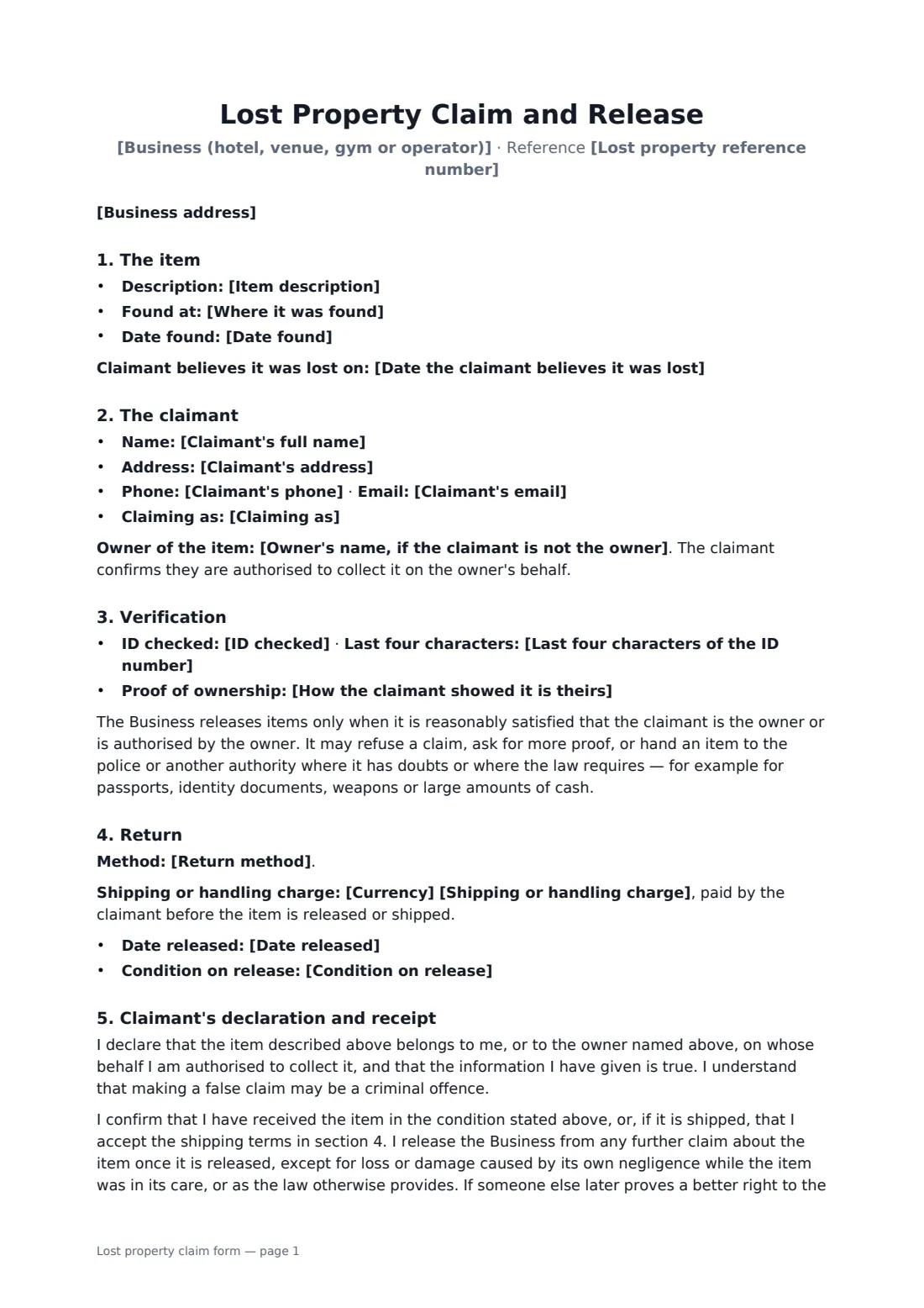 Lost property claim form — page 1 of 2